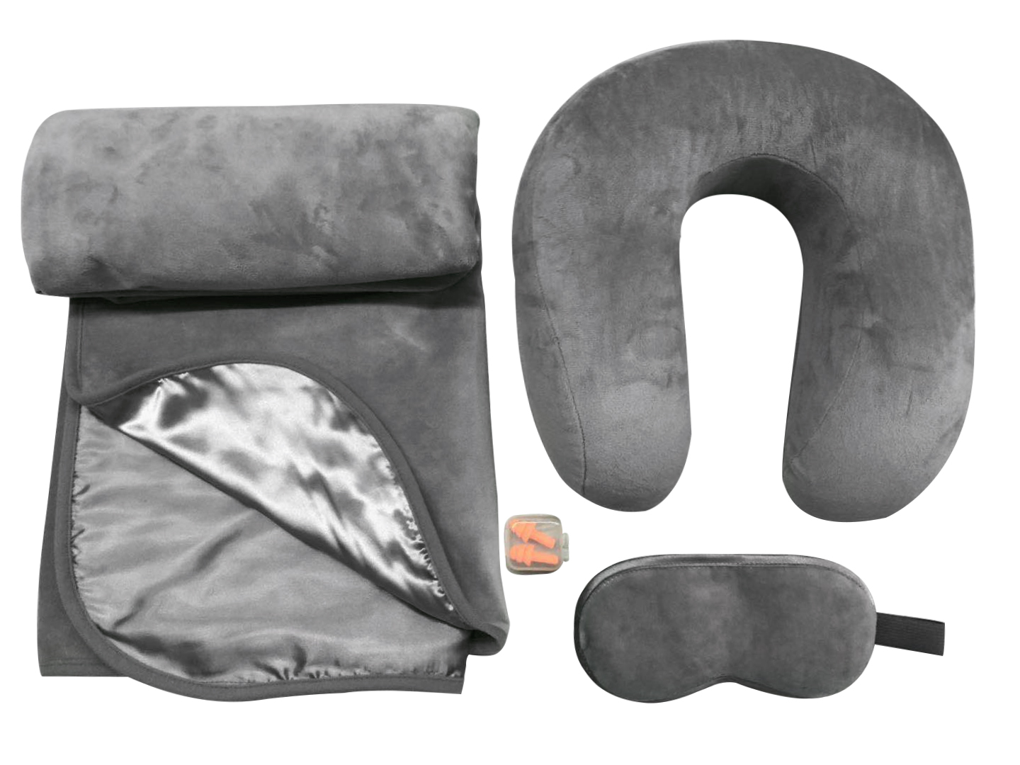  Luxury Travel Set Ultimate 4-in-1 Travel Kit Grey Memory Foam Neck pillow and Super Soft Fleece Blanket Sleep Mask & Earplugs 